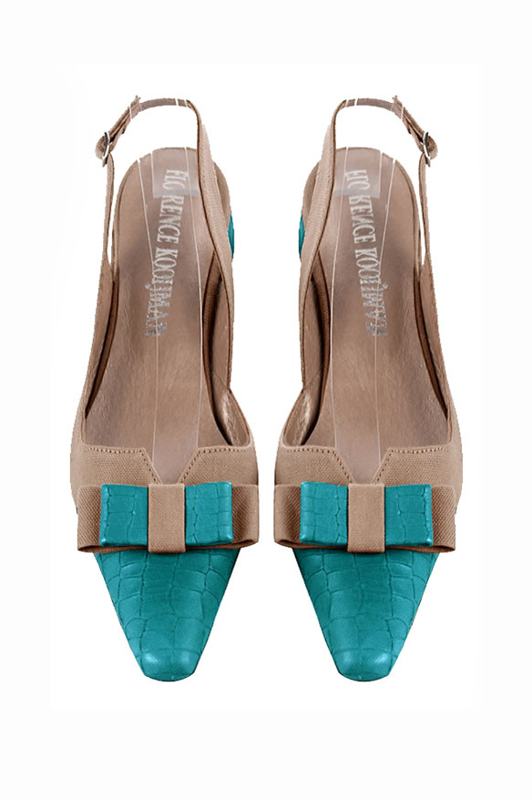 Turquoise blue and tan beige women's open back shoes, with a knot. Tapered toe. Flat block heels. Top view - Florence KOOIJMAN